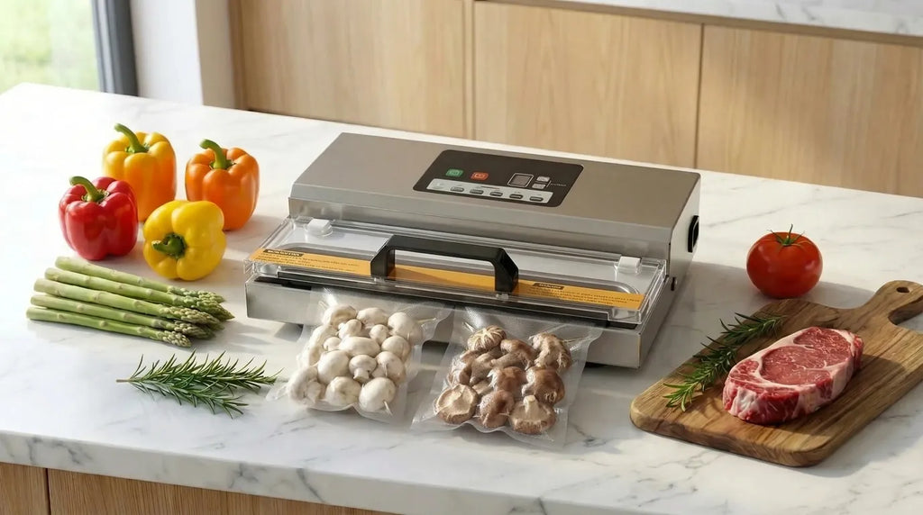 Macchina sottovuoto che mette i funghi freschi sottovuoto